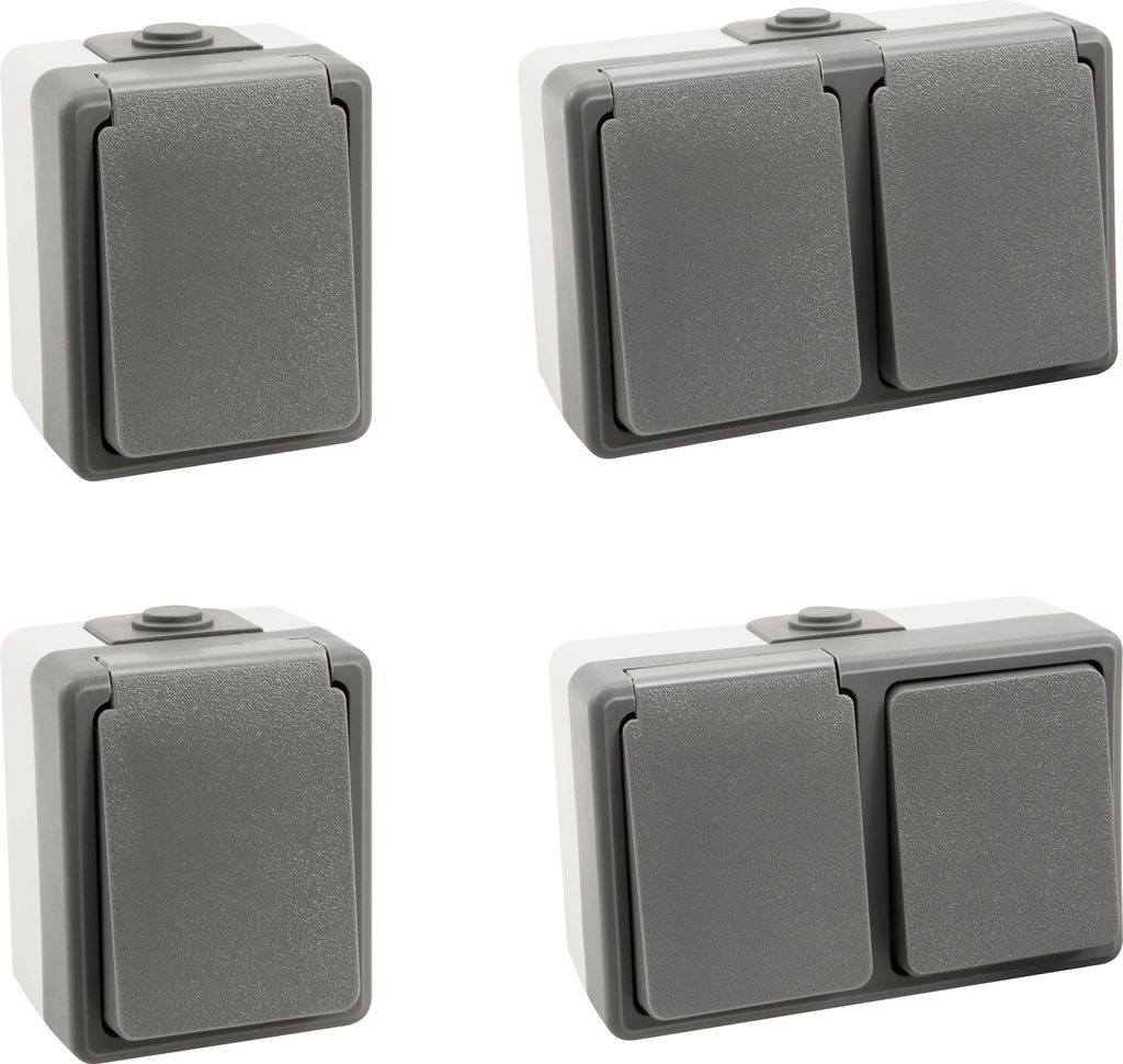 4-teiliges Feuchtraum-Set McPower "Secure Waschraum", grau, IP44, 1x Kombi-Dose, 1x Doppel-steckdose, 2x Steckdose