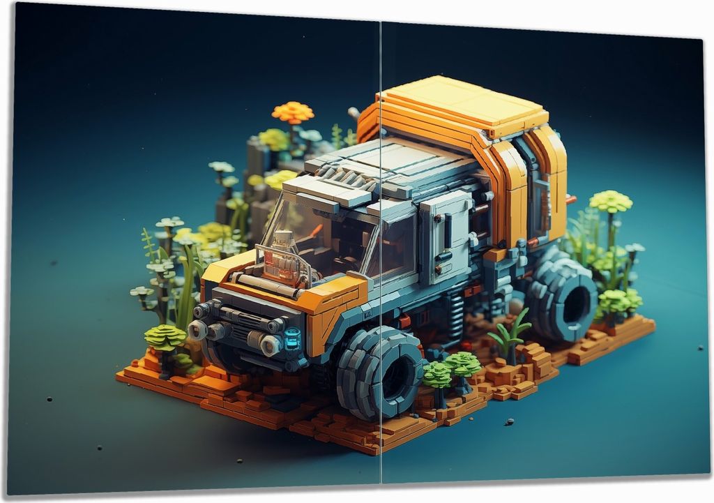 Wallario Herdabdeckplatte aus Glas, Größe 80 x 52 cm 2-teilig, Motiv Truck im Pixelstil