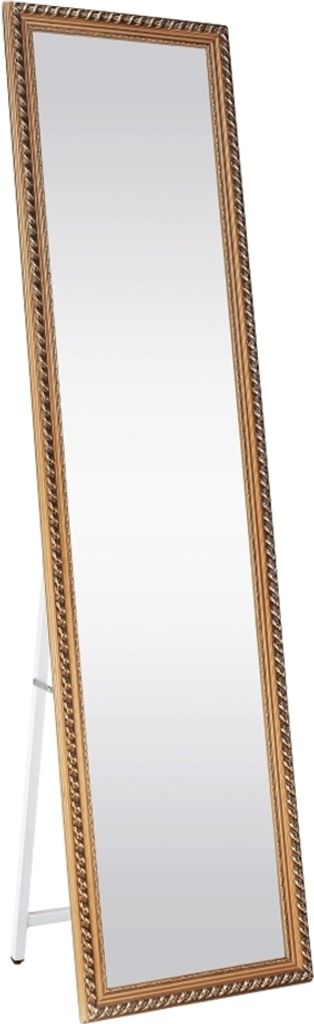 A full-length mirror with a decorative frame, standing on a white easel.