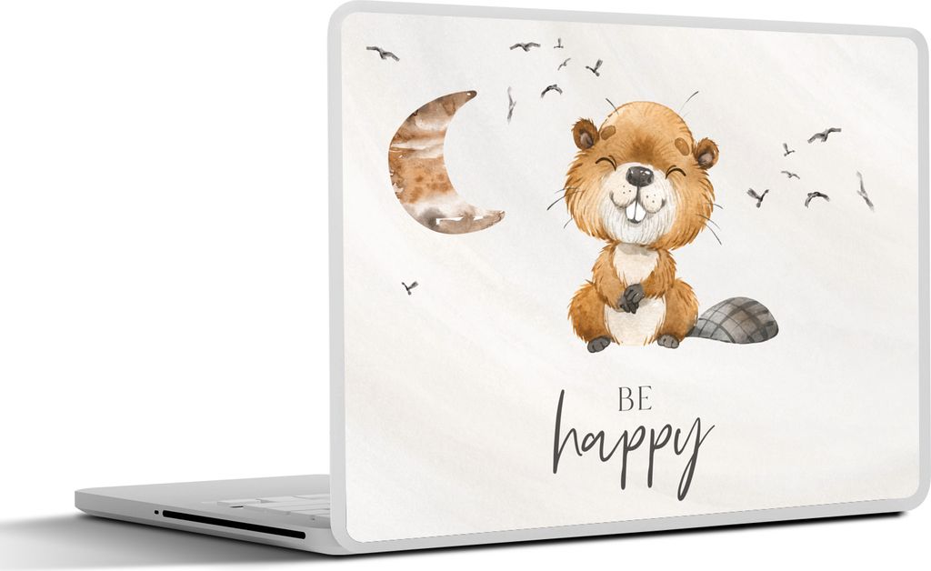 MuchoWow Laptop Aufkleber Sticker Cover Zitate - Glücklich sein - Kinder - Mond - Biber - Aquarell 31x22.5 cm - Laptop-Deko