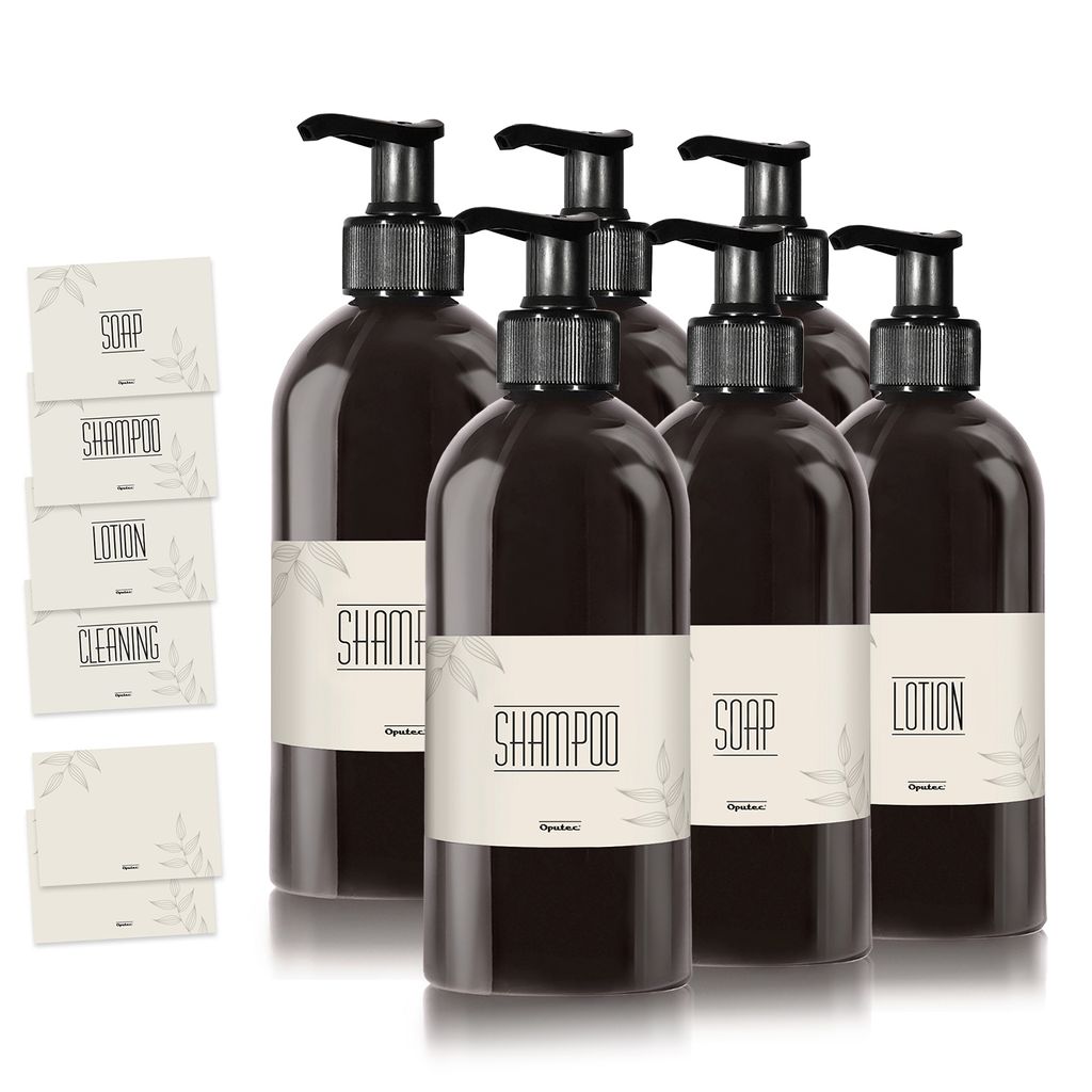 Oputec 6 x 500ml Seifenspender aus Kunststoff schwarz + Etiketten: Shampoo-Flaschen zum Befüllen, als Duschgel-Spender, Pumpspender - Küche Badez...