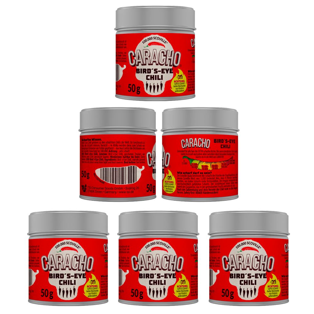 CARACHO 5er Pack x 50g Bird Eye Chiliflocken - 100% Extrem Scharf - Chillipulver in Metal Gewürz Dose/Scoville: 100.000-200.000 / Vorteilspack