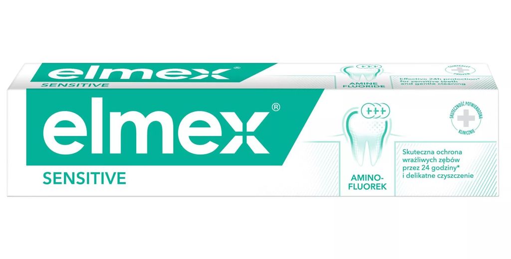 A tube of Elmex Sensitive toothpaste on a white background.