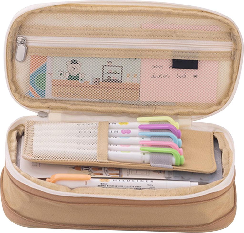 FTVOGUE Leinwand Bleistiftkoffer Dual Layer Stationery Rei?verschluss fr Studenten Modernes Einfaches Design mit Mehrschichtiger Aufbewahrung (Khaki)
