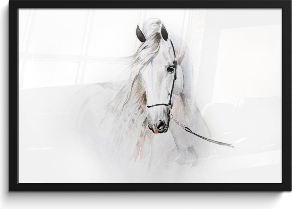 MuchoWow MuchoWow Gerahmtes Poster Pferd - Aquarell - Tiere - Weiß 60x40 cm - Poster mit zchwarzem Bilderrahmen - Printing - Wanddeko Schlafzi...