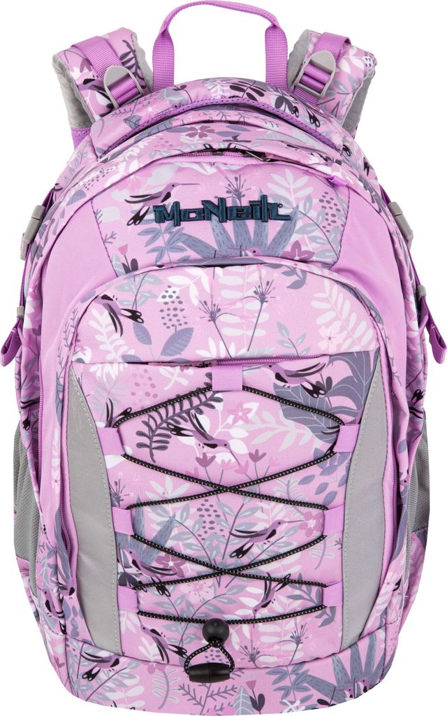 A pink backpack with a floral pattern.