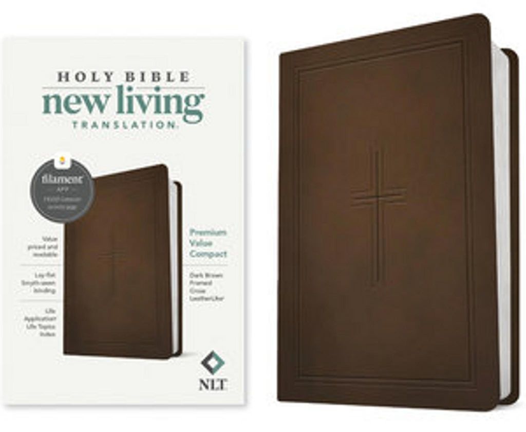NLT Premium Value Compact Bible, Filament Enabled (Leatherlike, Dark Brown Framed Cross)