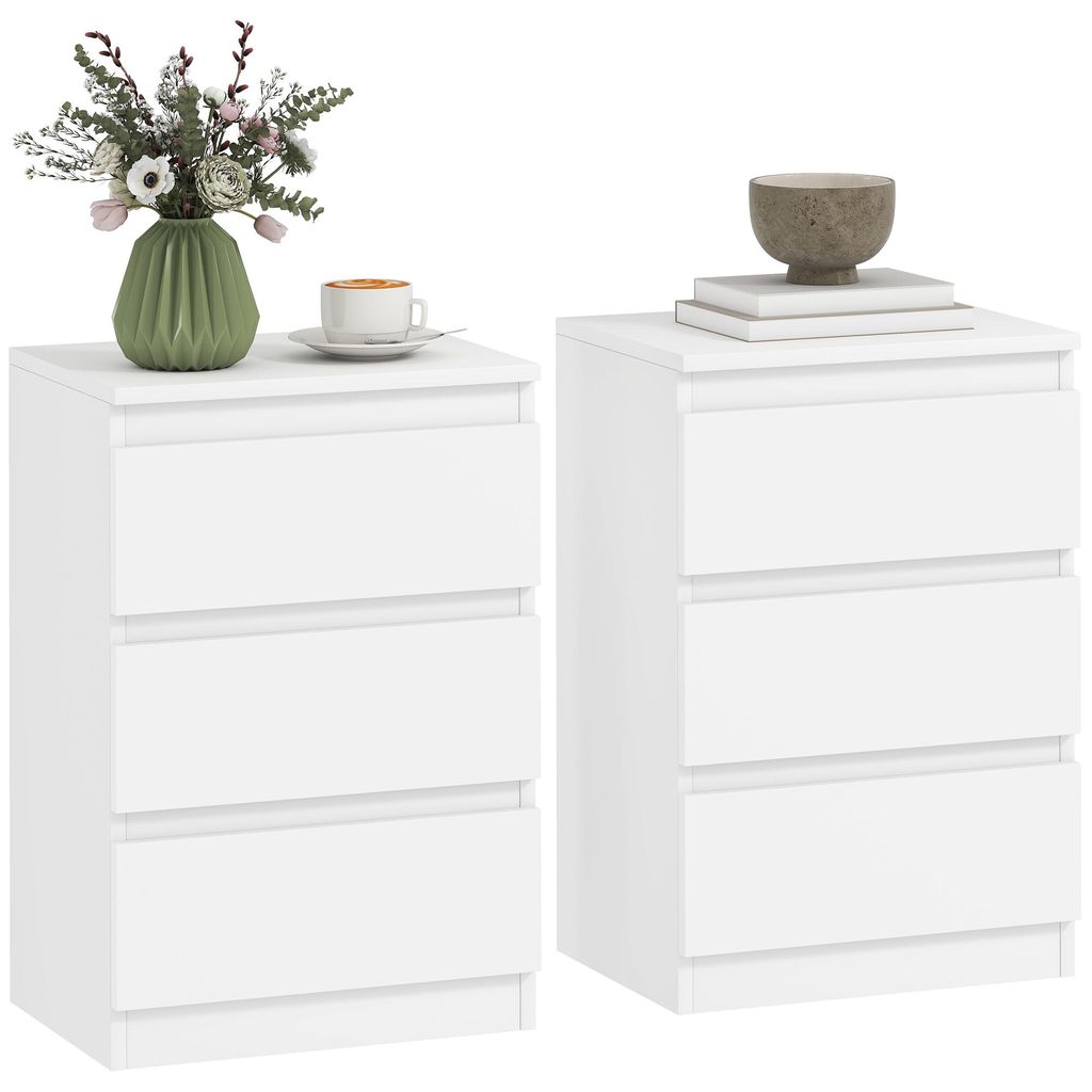 Nachttische im 2er-Set, 3 Schubladen, griffloses Design, Holzoptik, Weiß, MDF, 40 x 30 x 59,5 cm, 22,0 kg