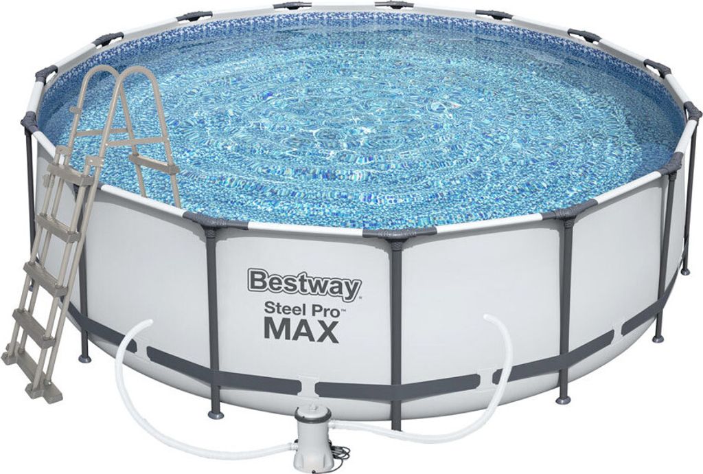 A round above-ground swimming pool filled with water, with a ladder and a pump filter attached.