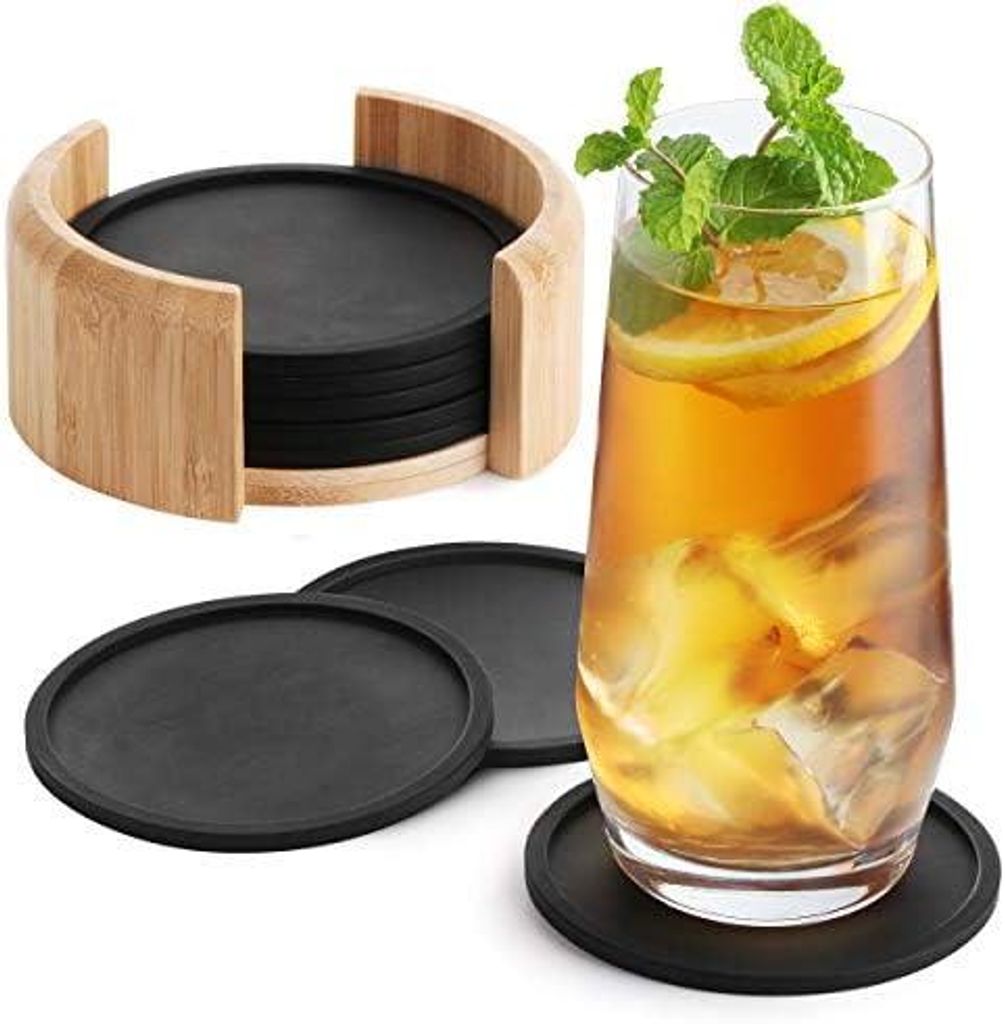 Untersetzer Gläser 8er Set - Glasuntersetzer Silikon rund in schwarz - Tischuntersetzer spülmaschinenfet - Coasters - Tassenuntersetzer Gummi abw...
