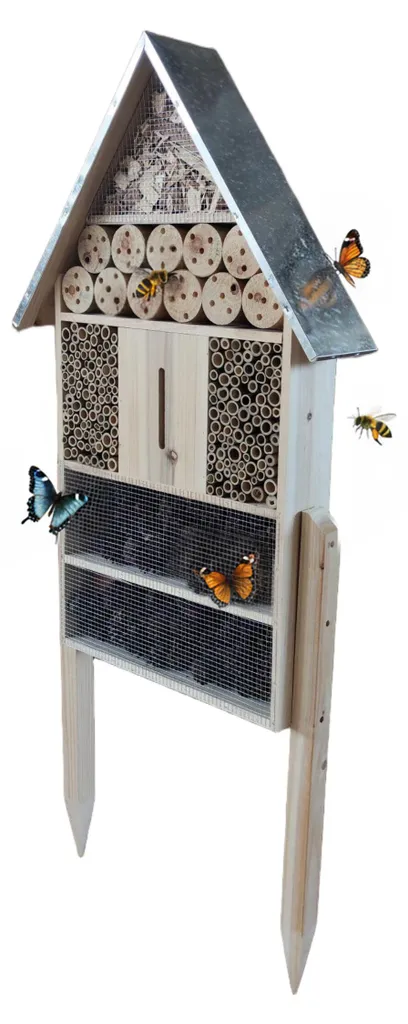 Hôtel à insectes stable sur pied : abri protégé par un toit en métal