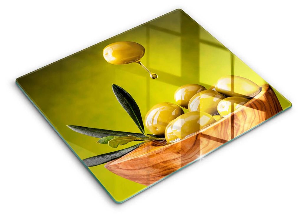 Glasschneideplatte - Herdabdeckplatte - 60x52 - Schneidebrett - Spritzschutz - Leckere Oliven