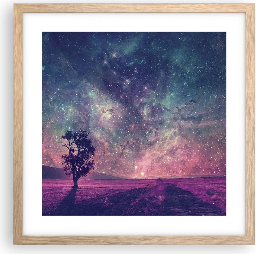 Gerahmtes Poster - Rahmen in heller Eiche - Kosmos Baum Wiese - 40x40 cm - Wand Bild - Wanddeko - Wandbilder - Wandposter - Bilderrahmen - Bilder -...