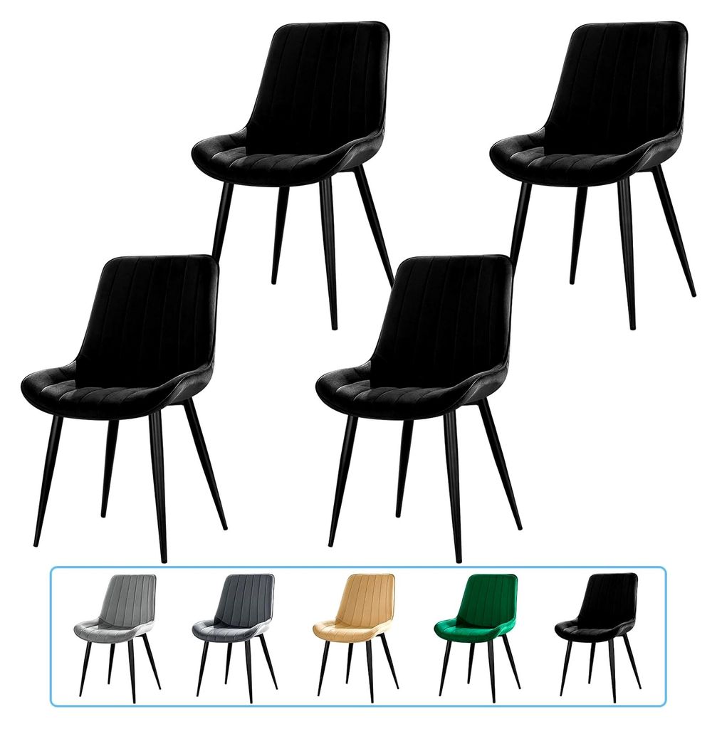 Esszimmerstühle 4er Set, Küchenstühle, Polsterstühle, Wohnzimmerstühle, Designstuhl mit Rückenlehne, Samtsitz und schwarzen Metallbeinen, Sch...