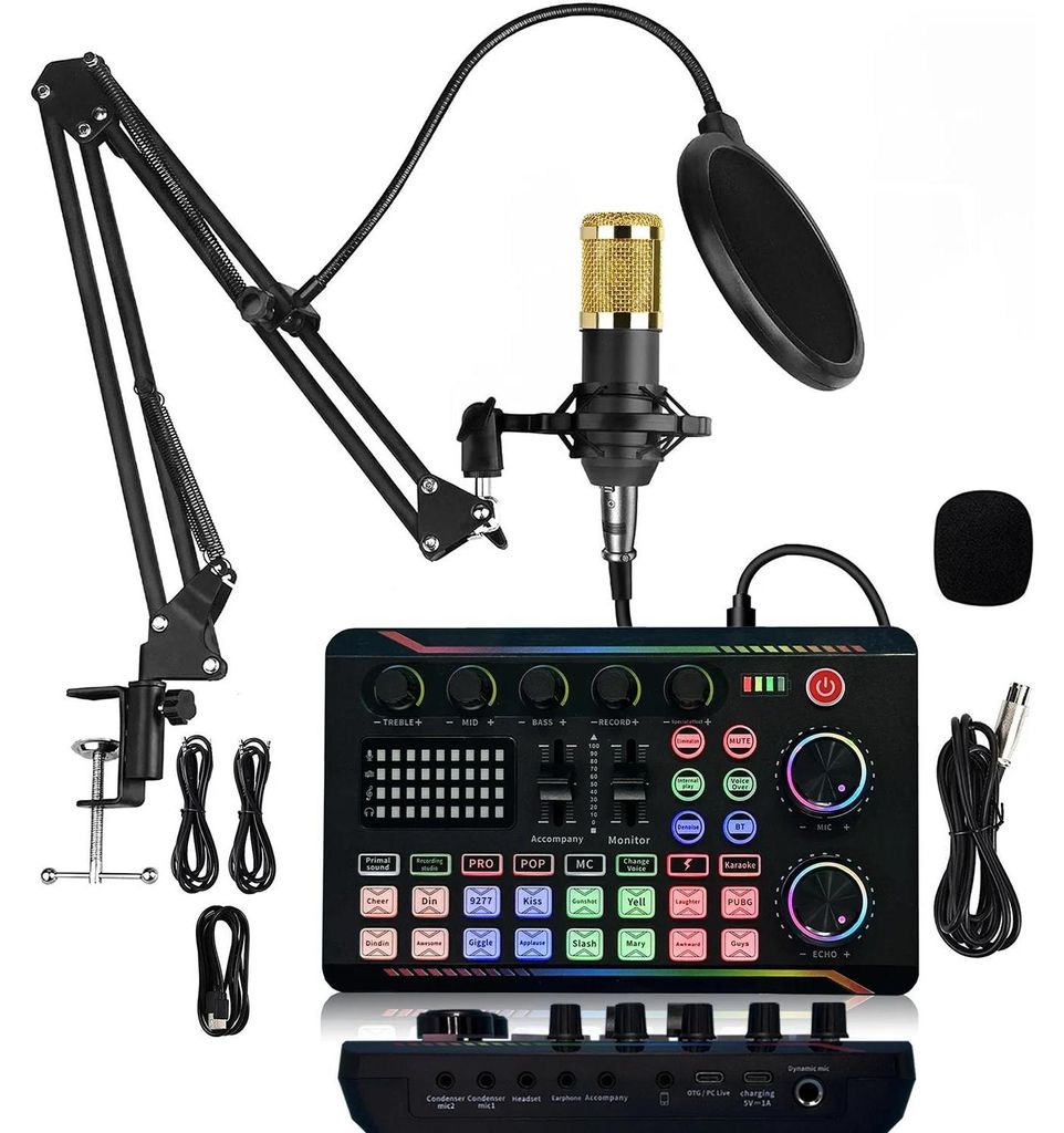 USB Kondensatormikrofon - Set mit Mikrofonarm und Soundkarte - Podcast - Streaming - Gaming - Hellgelb