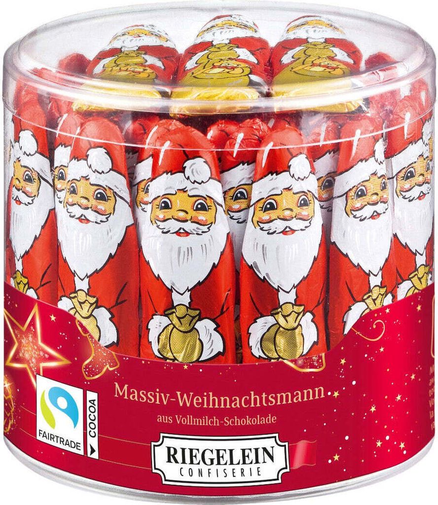 A clear, well-lit product shot of a cylindrical container filled with individually wrapped chocolate Santas.