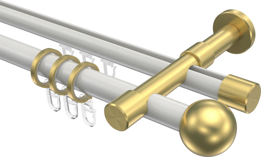 Interdeco Rundrohr-Innenlaufstange / Gardinenstange (Kombination) Weiß / Messing-Optik, Typ Prestige Luino (Kugel), 20 mm Ø 2-läufig, 600 cm