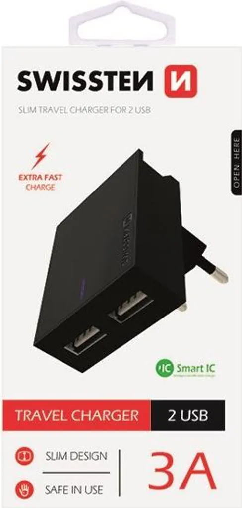 Swissten Adattatore Di Rete Smart Ic, Ce 2X Usb 3 A Potenza Nero - 3