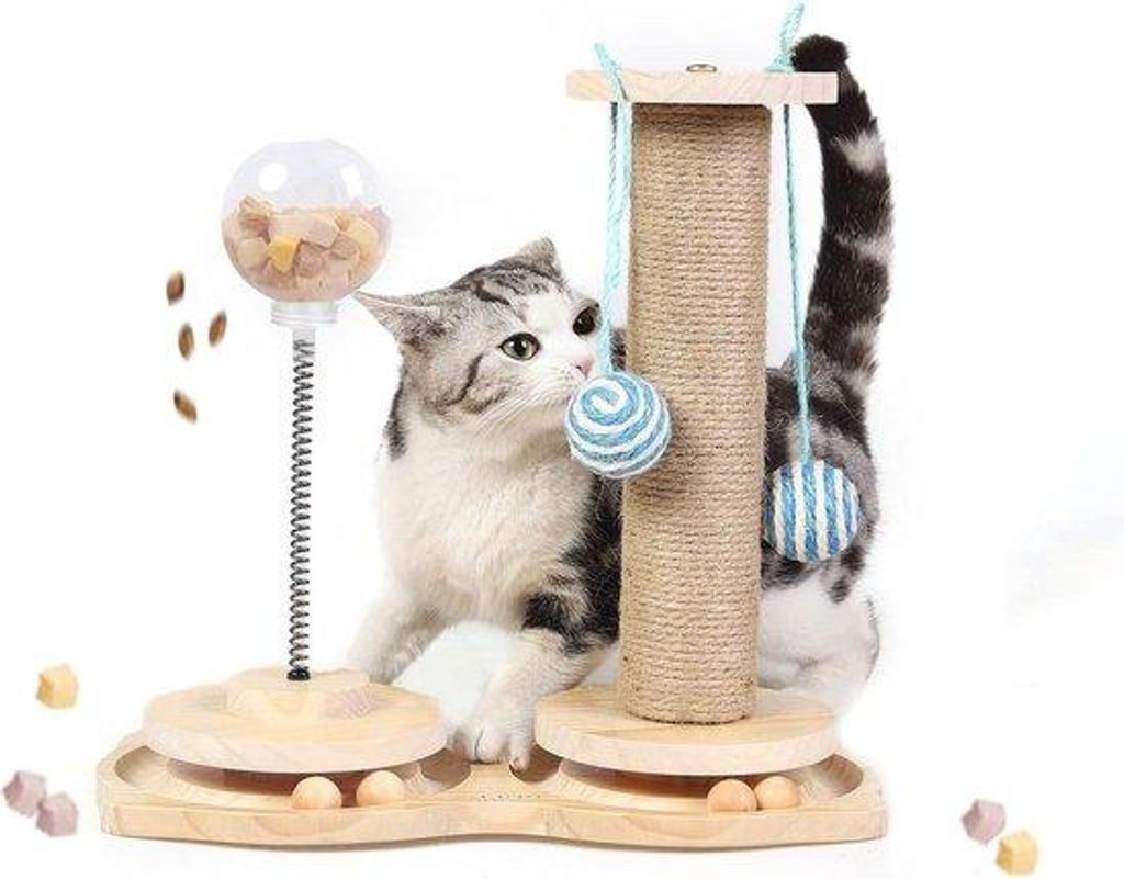 Interaktives Katzenspielzeug - Holz-Katzenfutterteller - Spielzeug mit Holz-Bahn und Bällen - Spielzeug für Hausekatzen und Kätzchen - Holz-Krab...