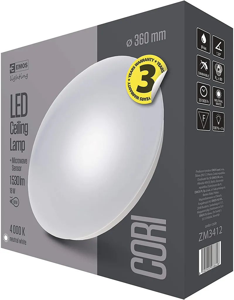 EMOS LED CORI 36cm 18W ZM3412: Plafoniera con Sensore IP44 per Bagno