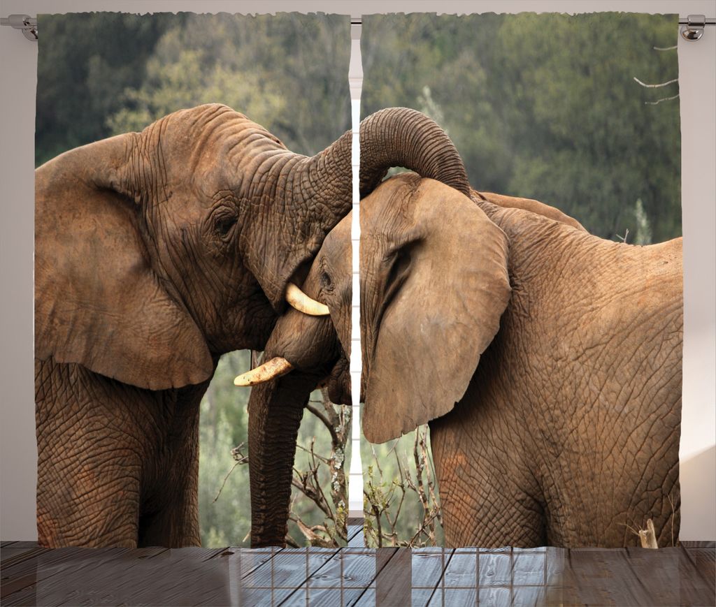 ABAKUHAUS Elefant Rustikaler Vorhang, Safari Tiere Savanne, Wohnzimmer Universalband Gardinen mit Schlaufen und Haken, 280 x 225 cm, Braun Grün