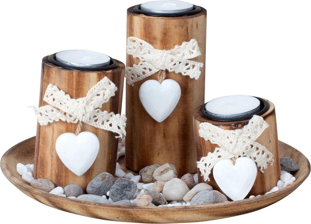 Teelichthalter 3 Stück mit Tablett rund 21,5 cm Holz Kerzenständer Set