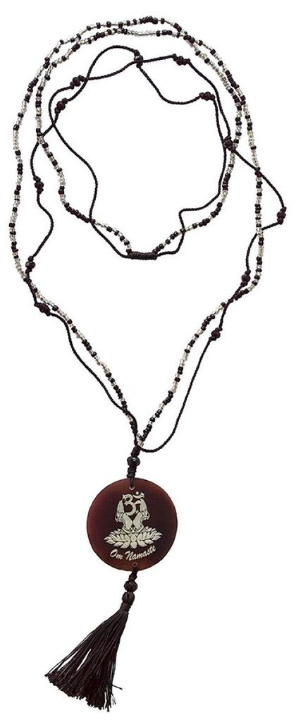 Mala "Om Namaste" Glasperlen schwarz mit gelaserter Muschelscheibe 46cm