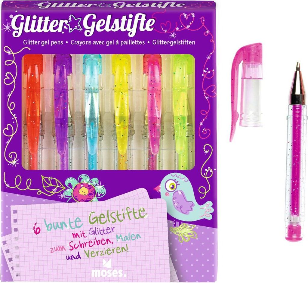 MOSES 6 bunte Glitter Gelstifte Glitzer Stifte Produktbild 