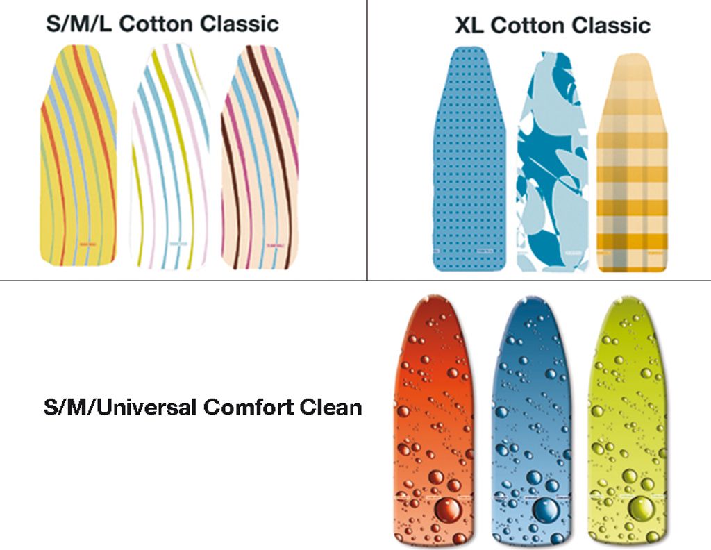 A collage of different ironing board covers in various patterns and colors, categorized by size and type.