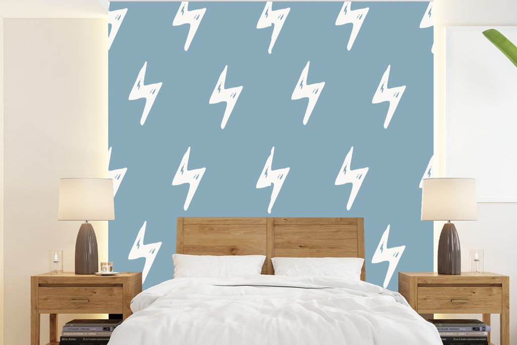 MuchoWow Fototapete für Wohnzimmer oder Schlafzimmer Wandtapete Vinyl Motivtapete Jungen - Muster - Kinder - Blitze - 200x220 cm - Vinyltapeten