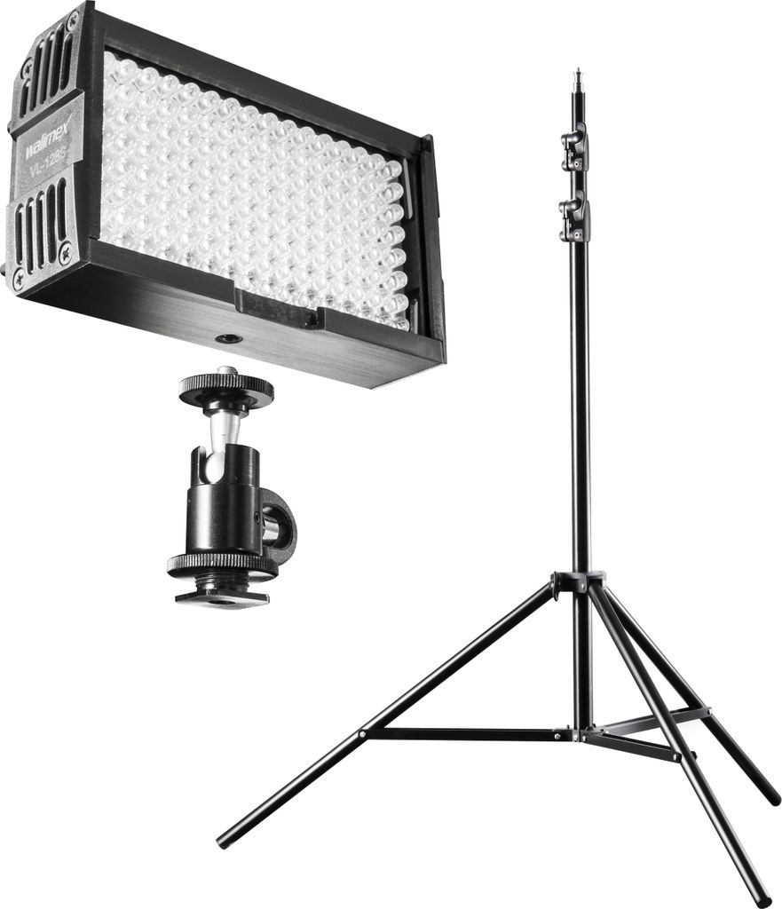 Walimex pro Pro Beleuchtungsset - Video Set up Videoleuchte mit 128 LED und Lampenstativ FT 8051 260 cm - mit Color Filter Platte, Akku Netzteil, 1...