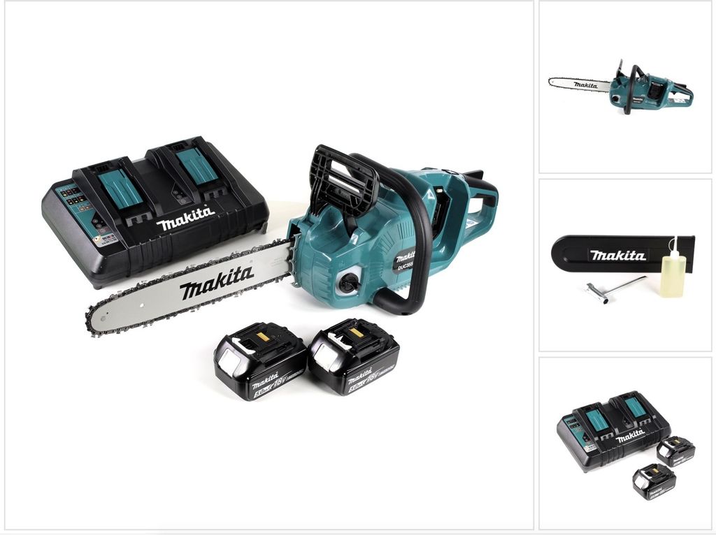 Makita DUC 355 PT2 Akku Kettensäge 36V ( 2x18V ) Brushless 35 cm + 2x 5,0 Ah Akku + Doppelladegerät