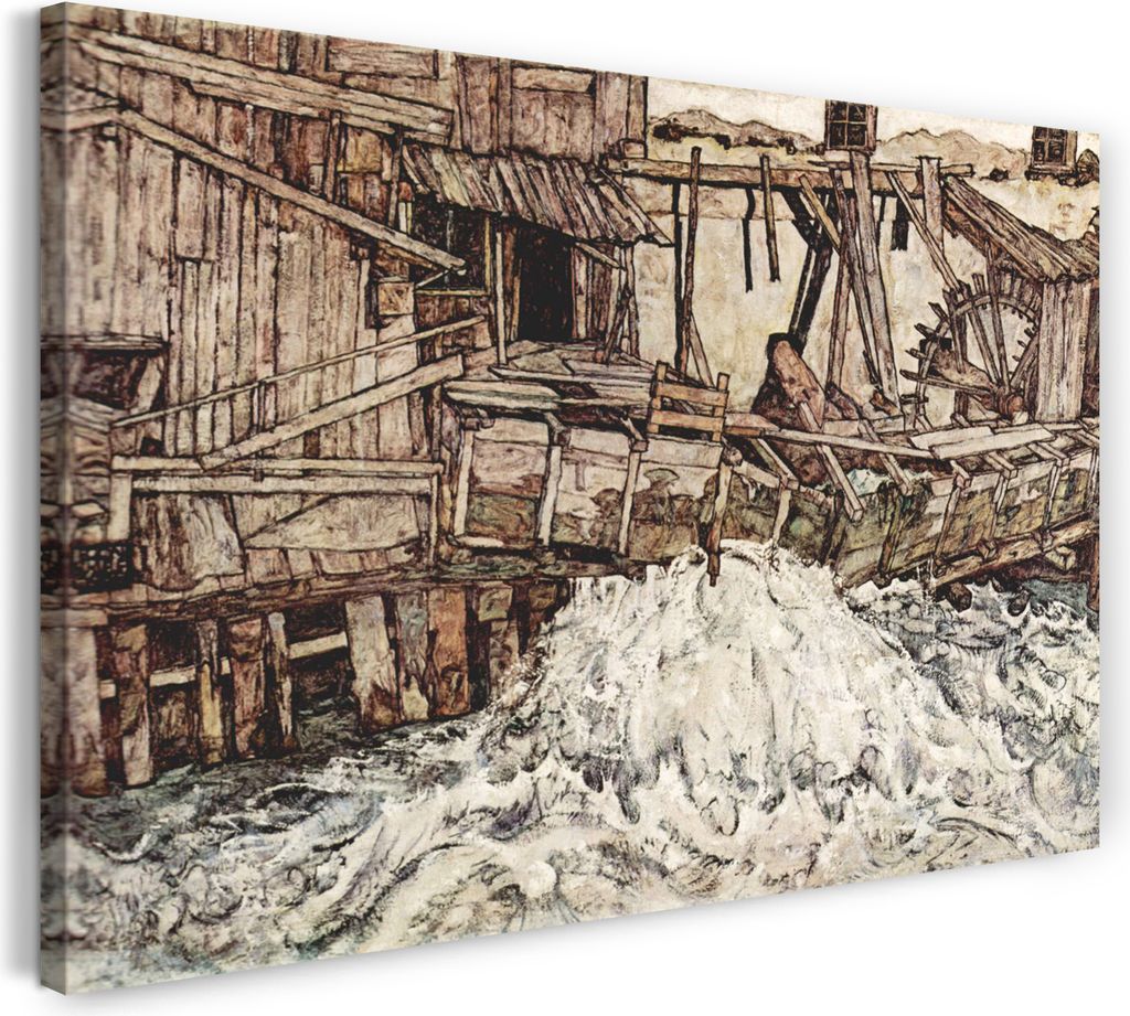 Leinwandbild (120x80cm): Egon Schiele - Alte Mühle, echter Holz-Keilrahmen inkl. Aufhänger, handgefertigt in Deutschland