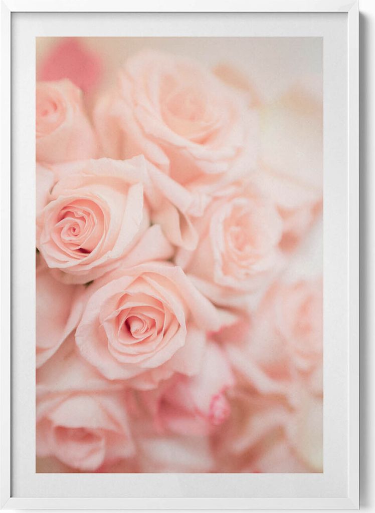 Romantischer Blumenstrauß aus Rosen– Wandbild mit Rahmen – Gerahmtes Bild – Wanddekoration – 70x100 cm – Weiß Rahmen
