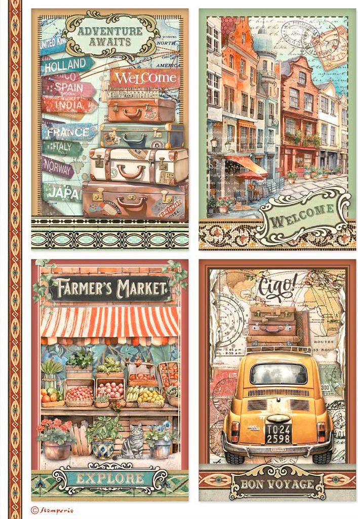 Stamperia Motiv-Strohseide Art of Travelling DIN A4 4 Cards