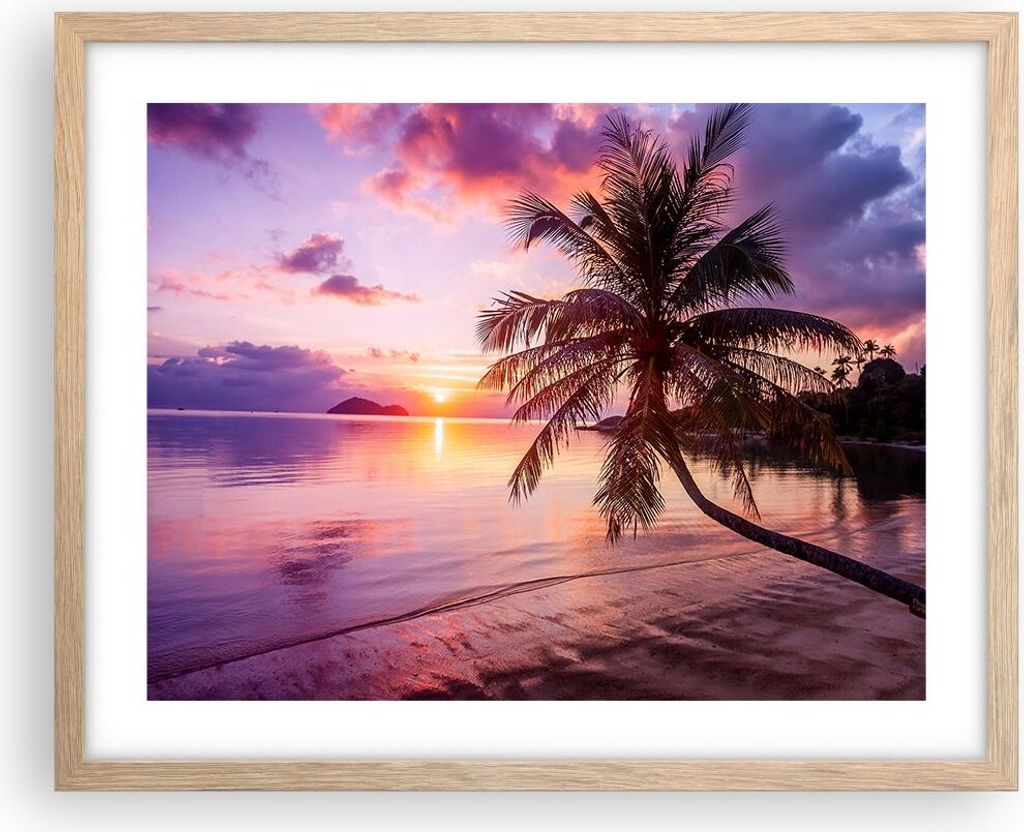 Gerahmtes Poster - Rahmen in heller Eiche - Strand Meer Palme - 50x40 cm - Wand Bild - Wanddeko - Wandbilder - Wandposter - Bilderrahmen - Bilder -...
