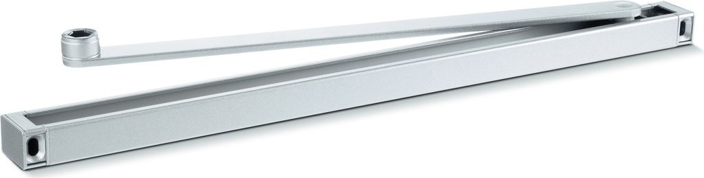 A silver door closer arm mechanism is shown against a white background.