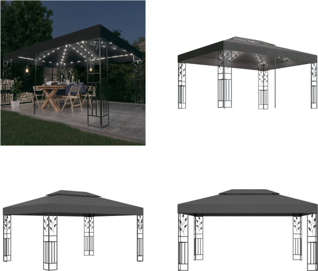 vidaXL Pavillon mit Doppeldach & LED Lichterkette 3x4 m Anthrazit - Gartenpavillon - Gartenpavillons - Pavillon - Pavillons