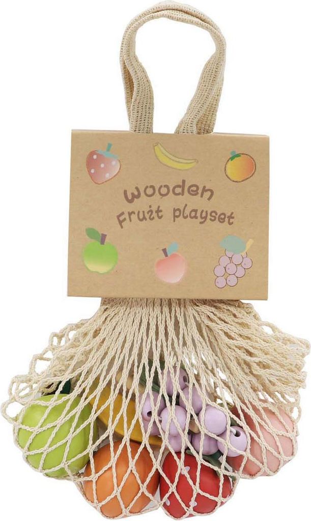 Holzobst in Baumwollnetz, 6 Stück