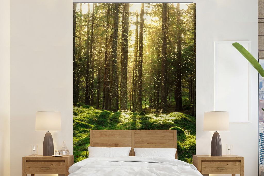 MuchoWow Fototapete für Wohnzimmer oder Schlafzimmer Wandtapete Vinyl Motivtapete Bäume - Wald - Moos - Pflanzen - Sonne - Natur - 195x300 cm -...