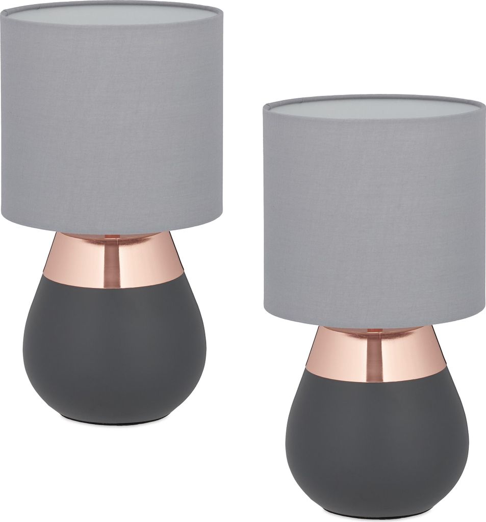 Relaxdays Tischlampe, 2er Set, Metallfuß, Stoffschirm, E14, Produktbild 