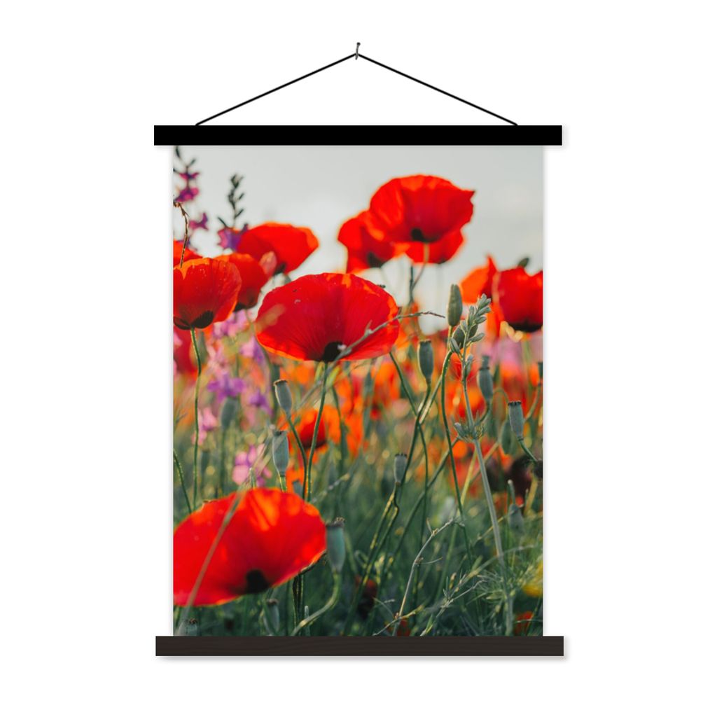 MuchoWow Textilposter Mohn - Blumen - Rot - Lila - Wiese 60x80 cm mit schwarzem Rahmen - Plakathalter