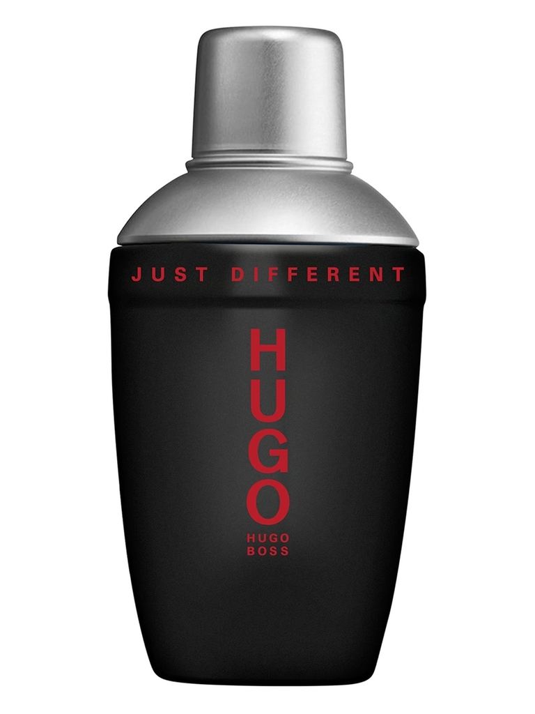 A black and silver Hugo Boss perfume bottle with red lettering.