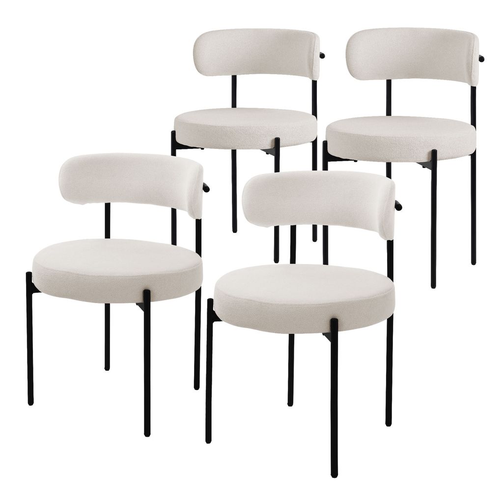 Four white upholstered chairs with black metal legs are arranged in a staggered formation against a white background.