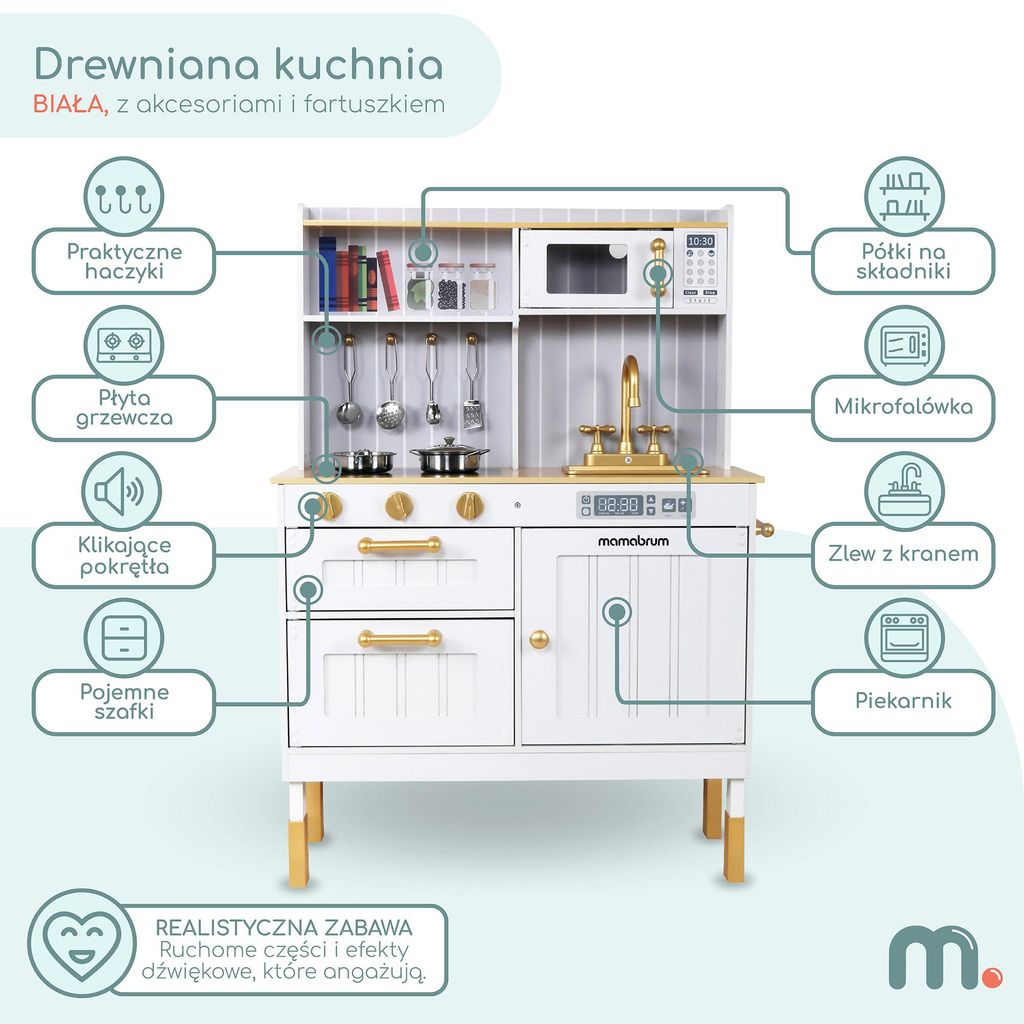 Biela drevená kuchynka pre deti - hracia kuchynka vrátane Obrázok produktu 