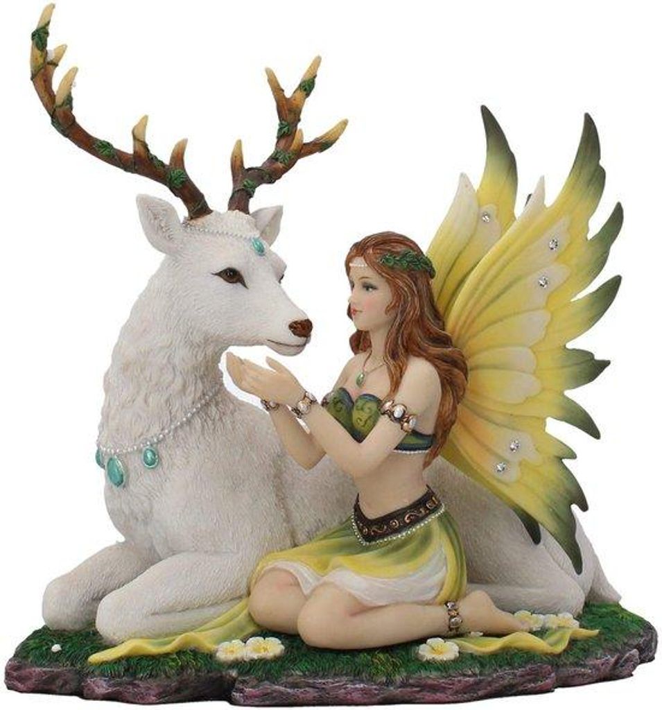 Weiss dekorativer Tierfiguren-Set mit handgemaltem Hirsch und Fee