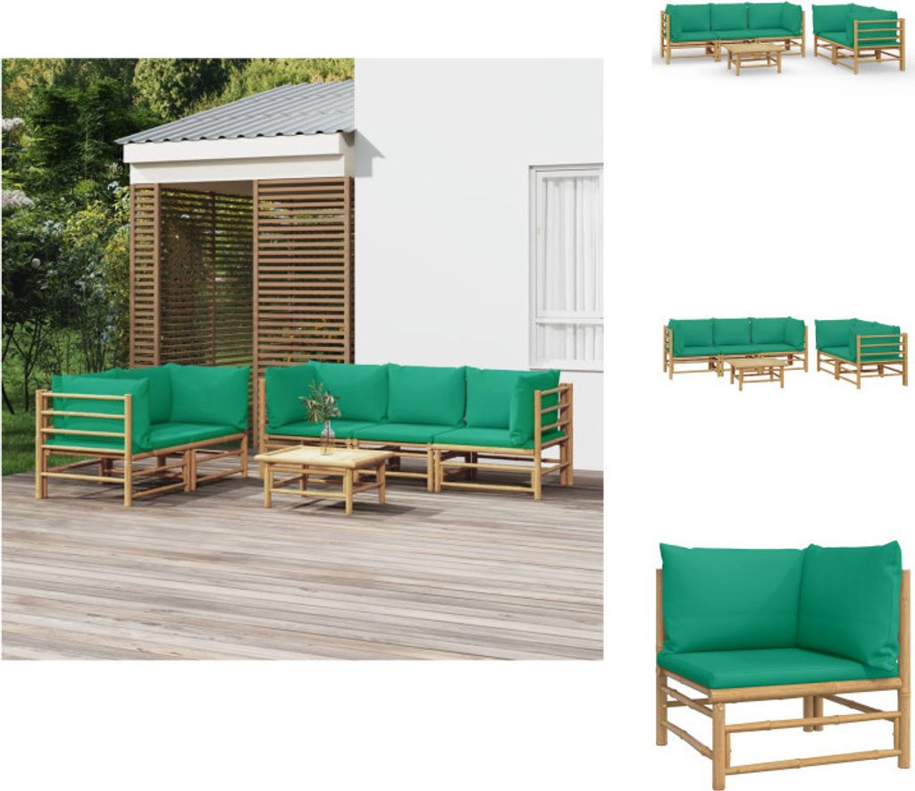 vidaXL 6-tlg. Garten-Lounge-Set mit Grünen Kissen Bambus - Gartenmöbel-Sets