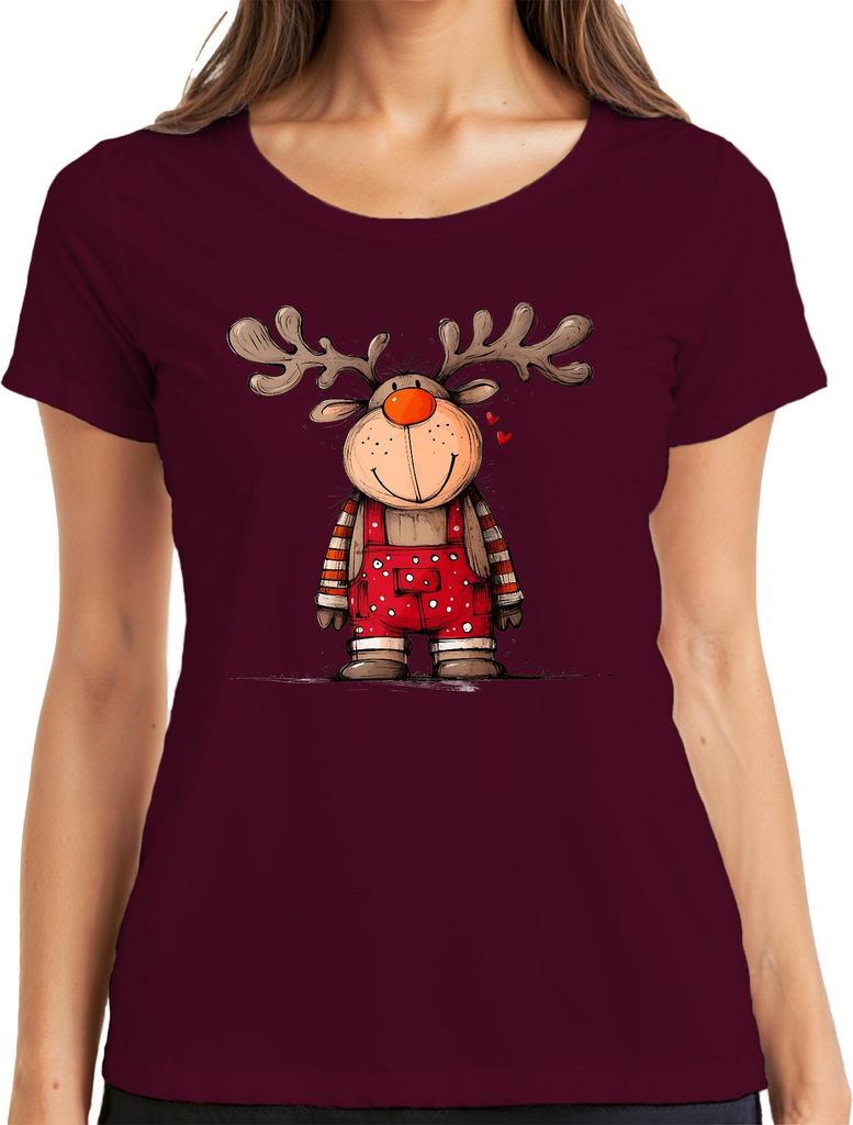 Niedliches Rentier Weihnachten Rot Latzhose Herzen Kinder Retro Damen T-Shirt, Burgundy, L