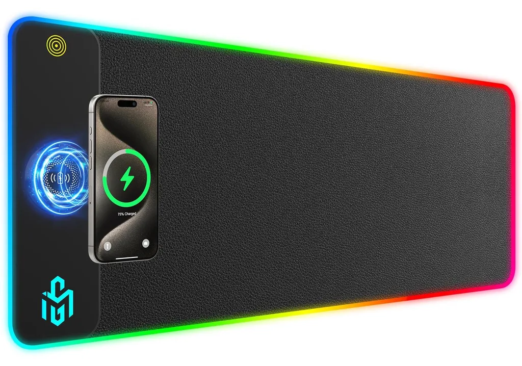 Tapis de souris LED RGB 80x30 cm avec chargeur induction 15W cuir PU