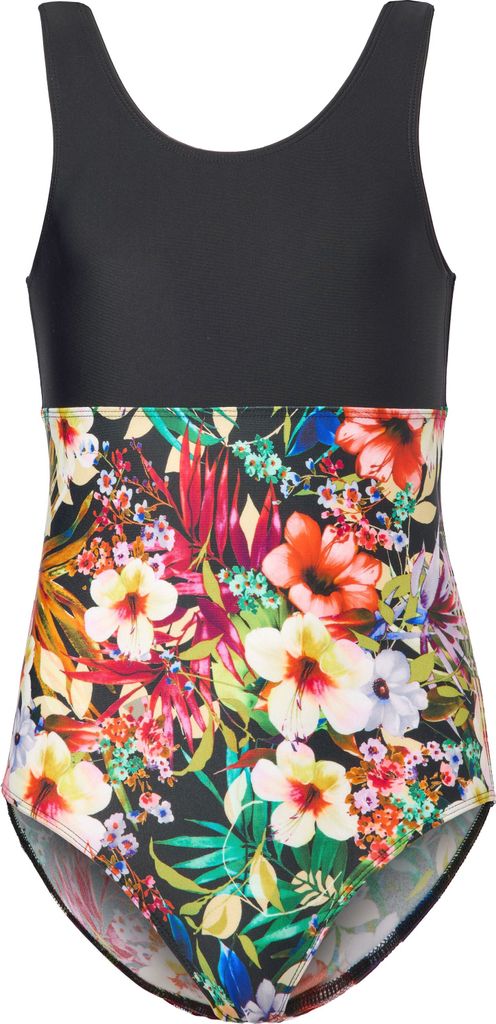 Teenager Mädchen Badeanzug einteilig UV Schutz 50 MS10-445 (Schwarz/Blumen, 104)